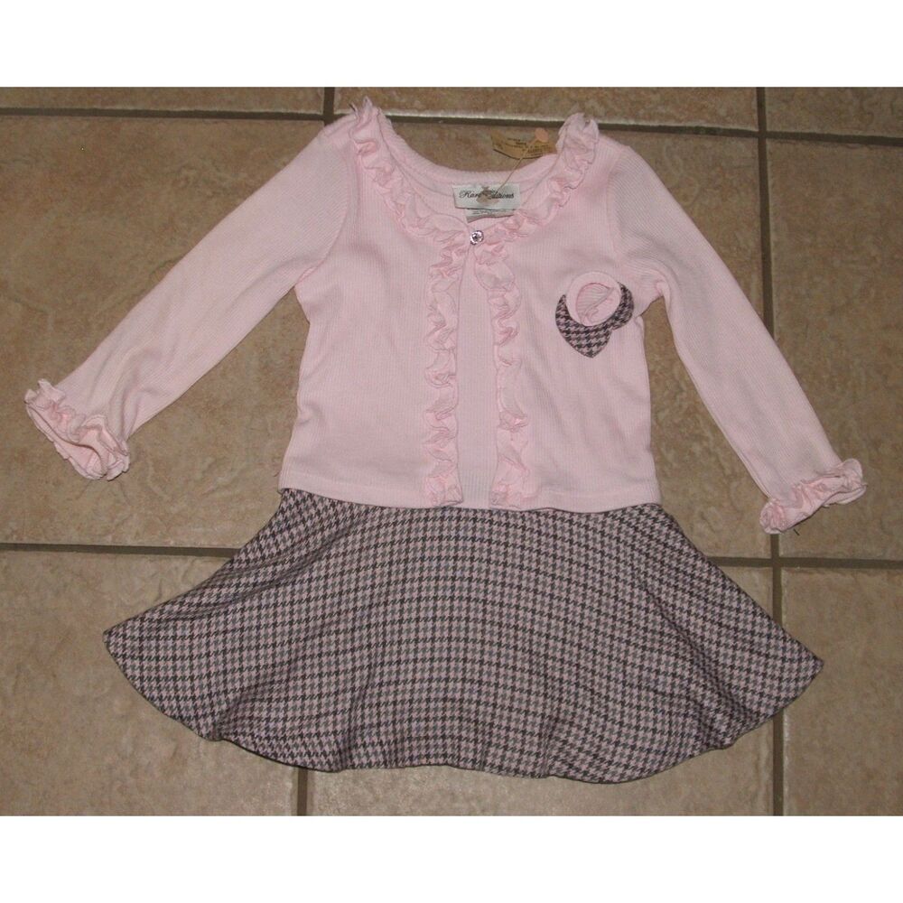 NEW Girls Sz 24 Months Pink & Gray Houndstooth Long Sleeve Dress RARE EDITIONS